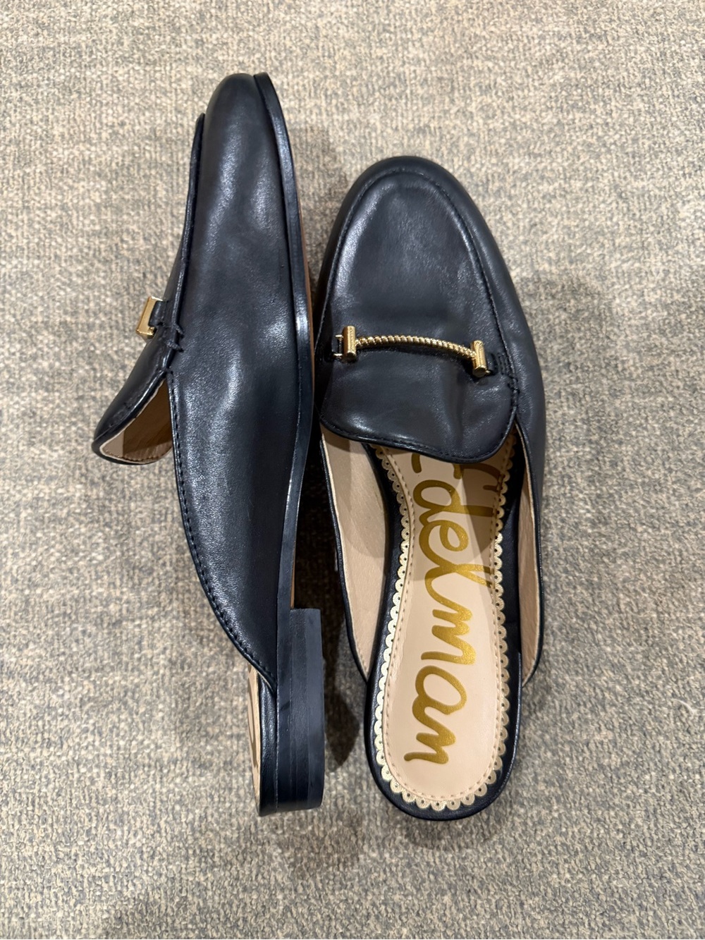 Sam Edelman Black Leather Backless Loafers with Gold Accents - Picture 2 of 2